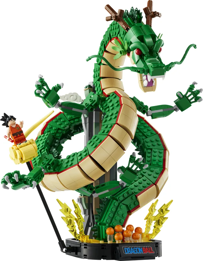 The complete LEGO Dragon Ball Shenron set: a green dragon coiled around a dark column, Kid Goku on a yellow cloud and orange Dragon Balls on a black base