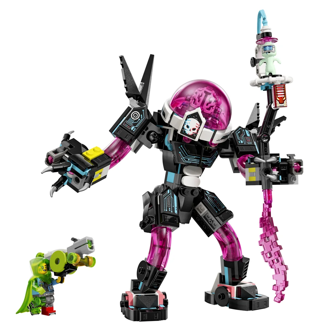 LEGO DREAMZzz Mateo vs. Cyber Brain Mech 71495, a black and magenta mech with a pink brain dome and a small green figure