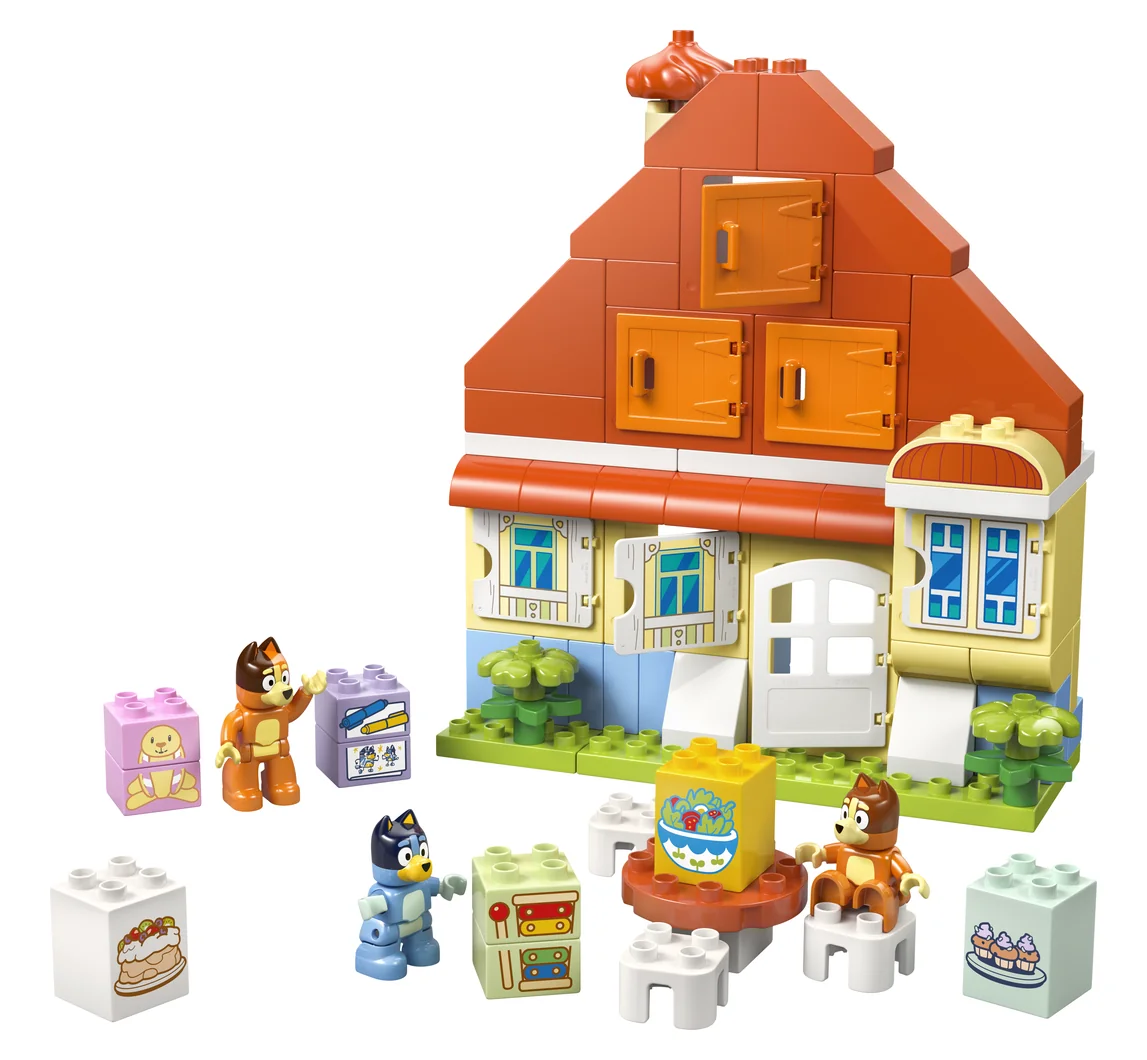 LEGO DUPLO Bluey's Family House with Memory Game 10459, an orange-roofed house with opening windows, Bluey, Bingo and Chilli figures and memory game tiles