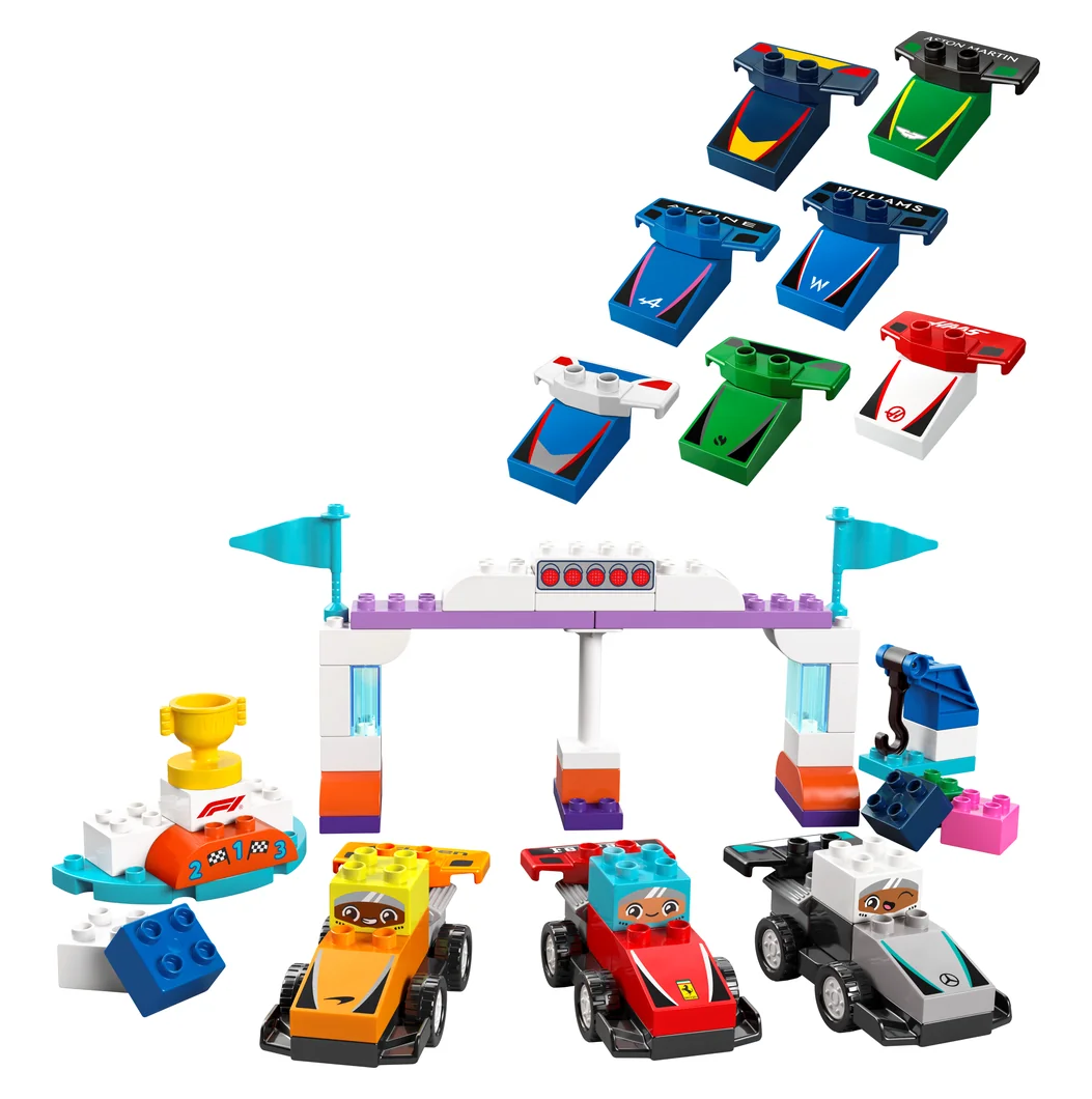 LEGO DUPLO F1 Team Race Cars & Drivers 10445, four chunky race cars with driver figures, a start gantry, a trophy podium and colored team bricks
