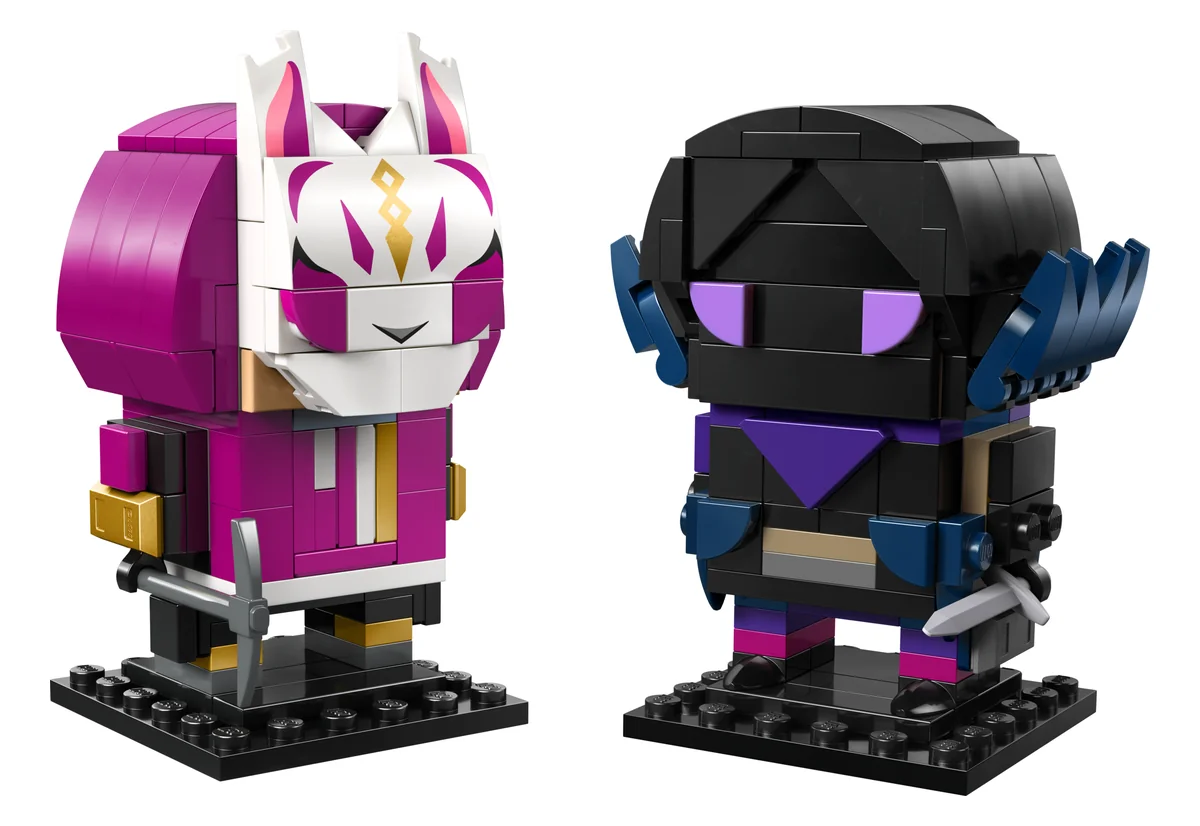 LEGO Fortnite Drift & Raven Figures 40884, two square BrickHeadz figures, Drift in a pink hood and white mask and Raven in black with purple eyes