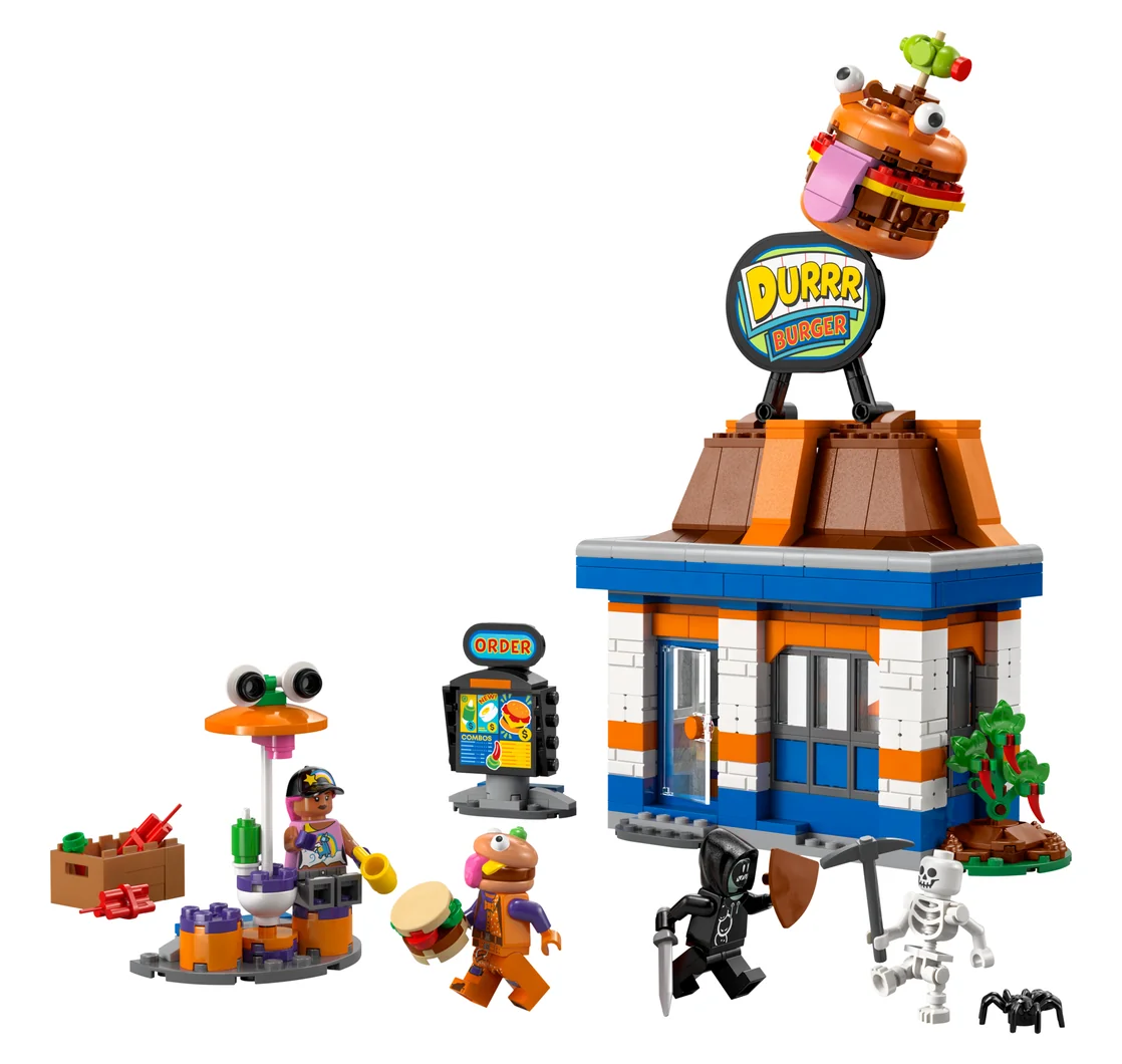LEGO Fortnite Durrr Burger Restaurant 77076, a small burger shop with a giant burger sign on the roof, a food stand and four minifigures