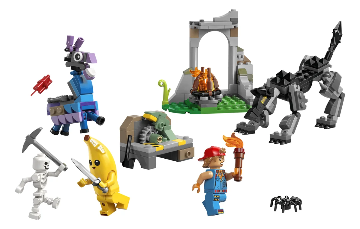 LEGO Fortnite Peely & Sparkplug's Camp 77075, a stone arch with a campfire, a Supply Llama, Peely the banana, Sparkplug, a skeleton and a wolf