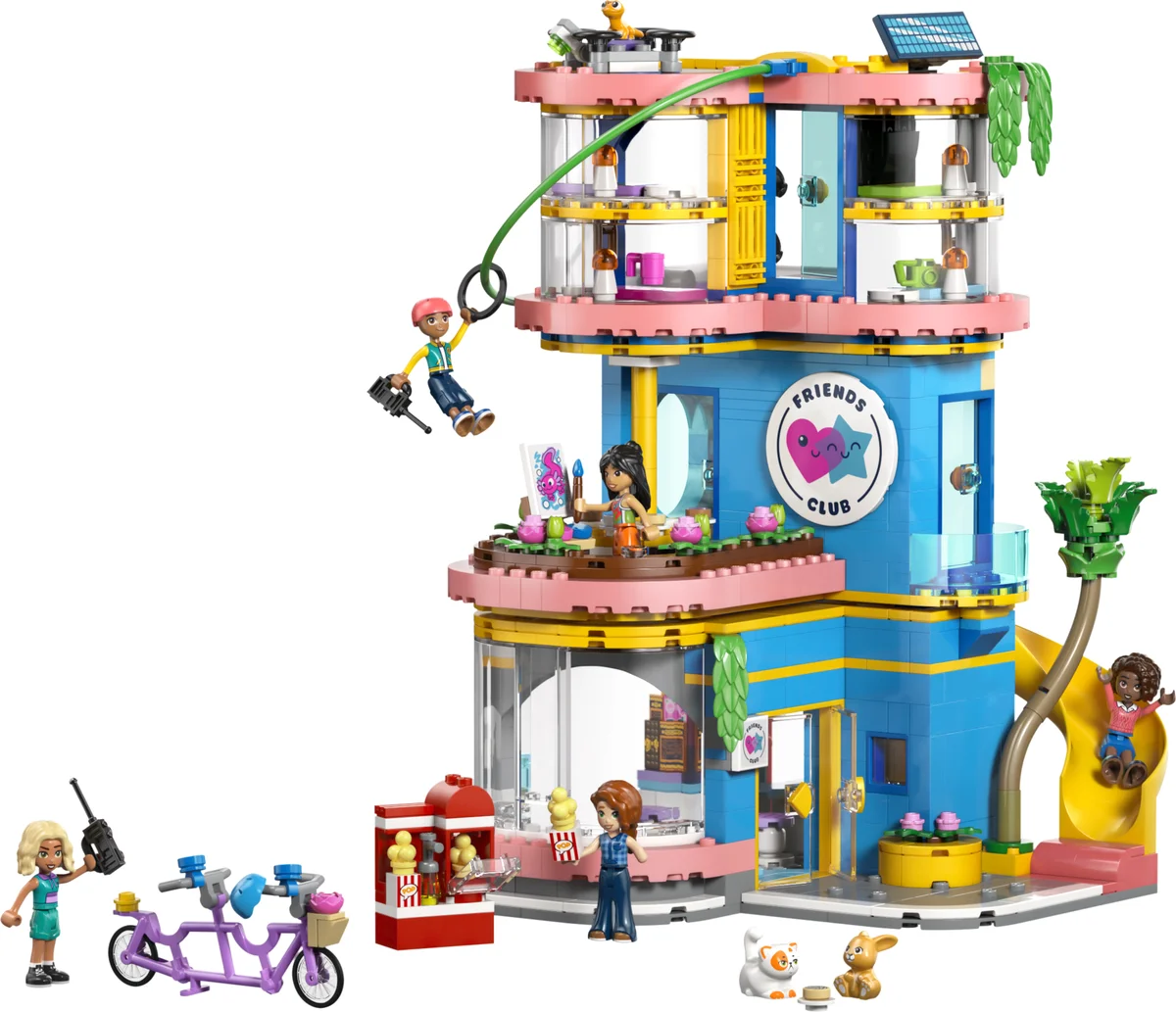 LEGO Friends Heartlake City Friends Club House 42689, a three-floor blue and pink building with a zip line, a slide, a tandem bike and mini-dolls