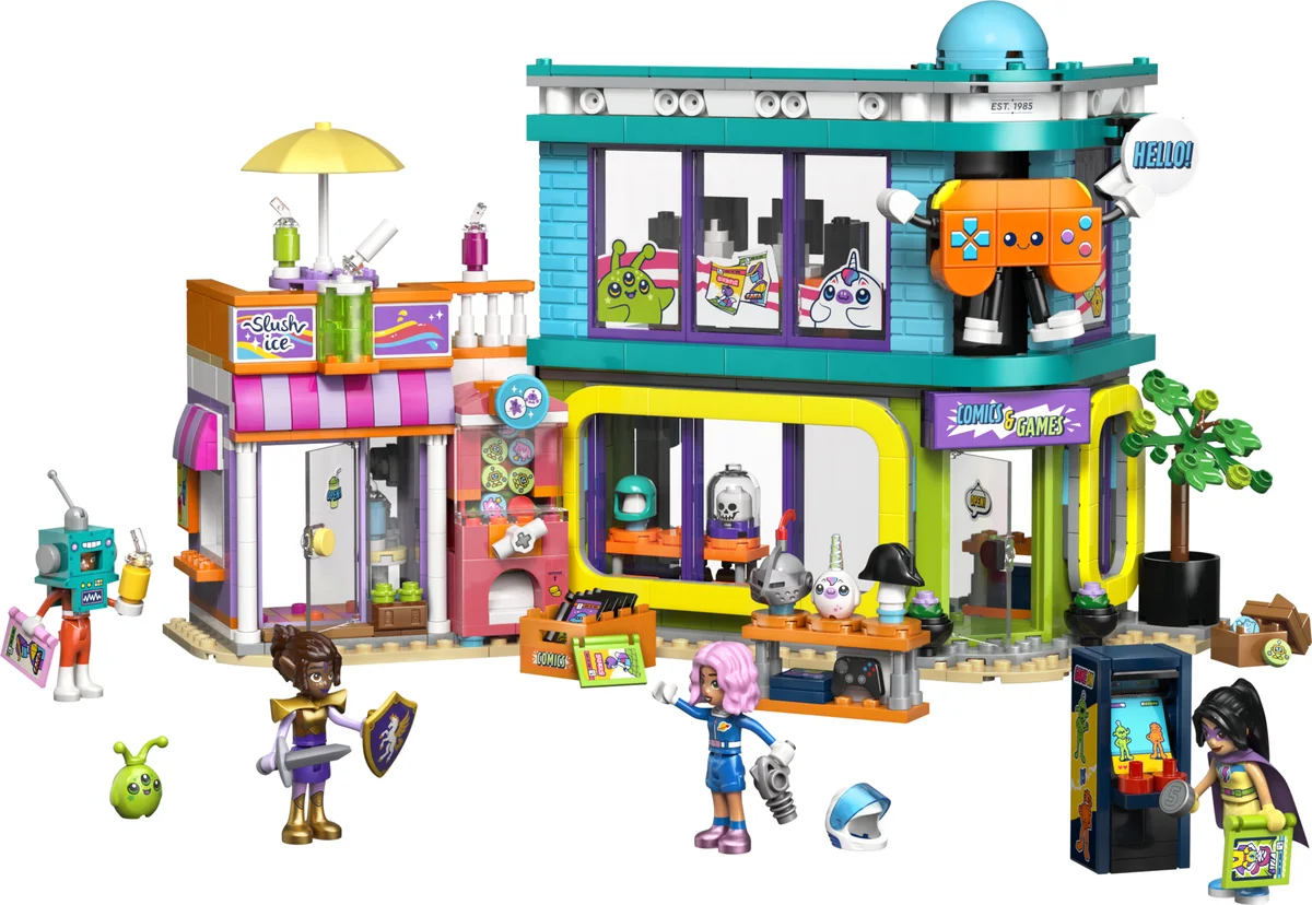 LEGO Friends Comic Book and Game Store 42674, a blue and lime comics and games shop with a slush-ice stand, an arcade cabinet and mini-dolls in costumes