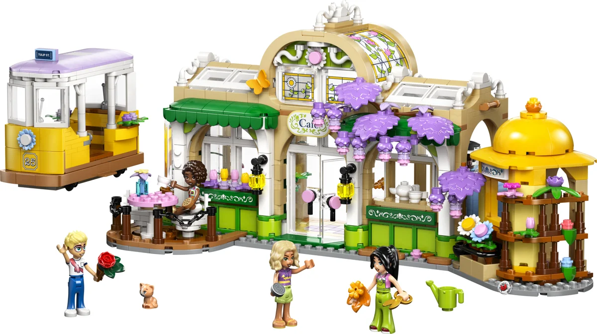 LEGO Friends Plant Café & Flower Shop 42671, a café covered in purple wisteria with a yellow tram, a flower kiosk and mini-dolls