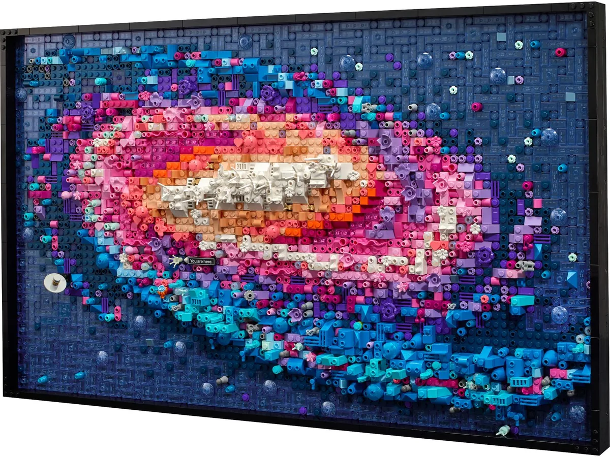 LEGO Art The Milky Way Galaxy 31212, a framed wall picture of a pink, blue and purple spiral galaxy made of small bricks