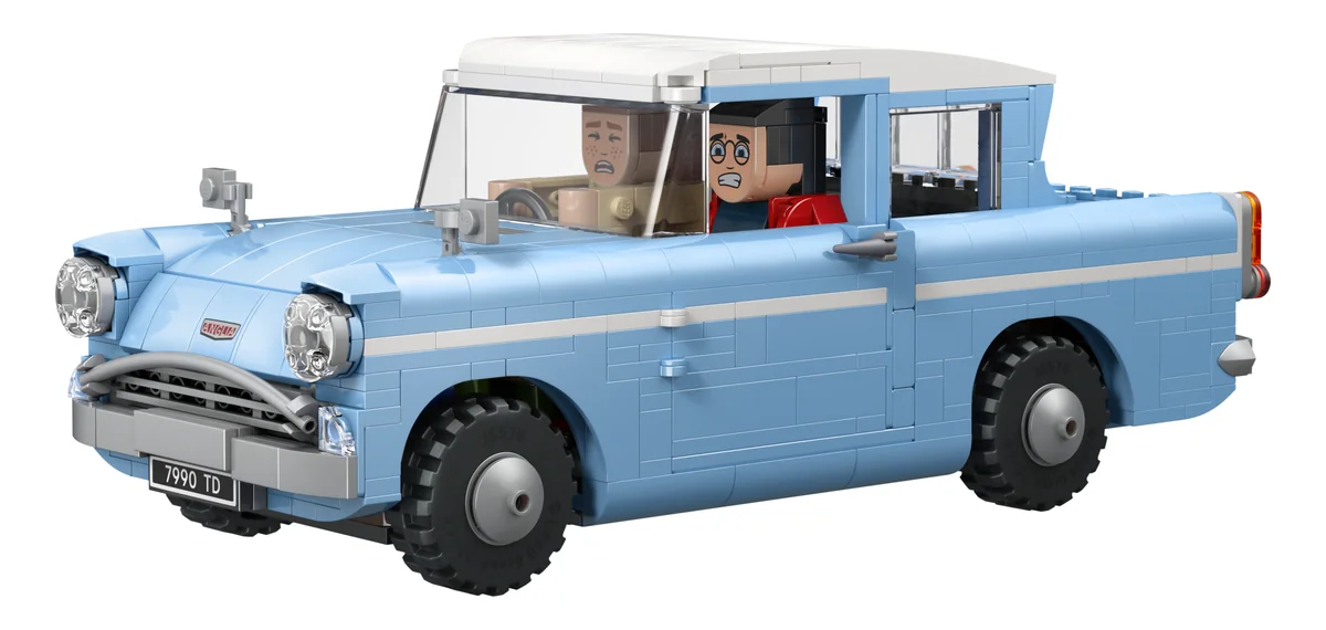 LEGO Harry Potter Enchanted Flying Ford Anglia 76470, a pale blue car with a white roof and Ron and Harry figures in the front seats