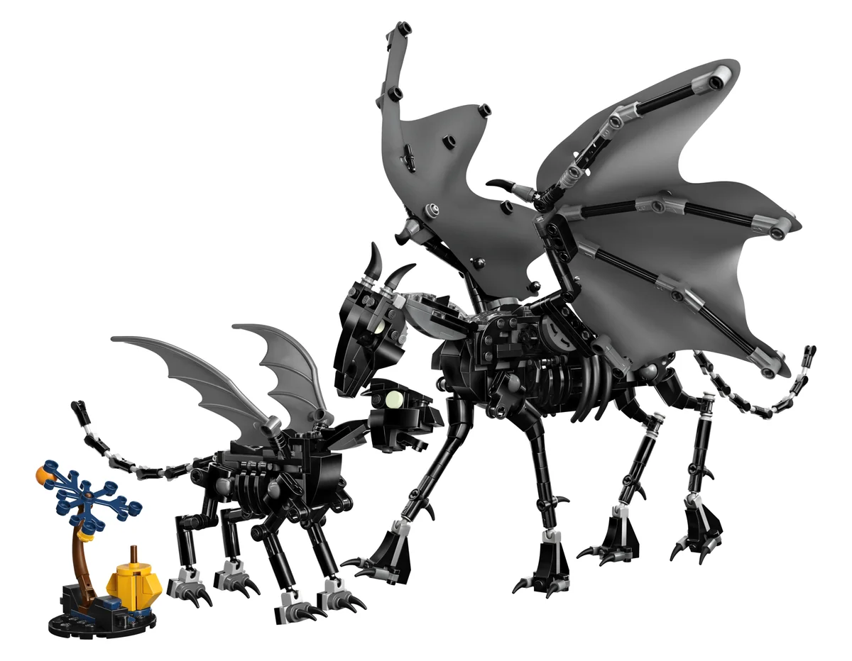 LEGO Harry Potter Thestral Family 76458, a black skeletal winged thestral with a foal, a small tree and a pumpkin