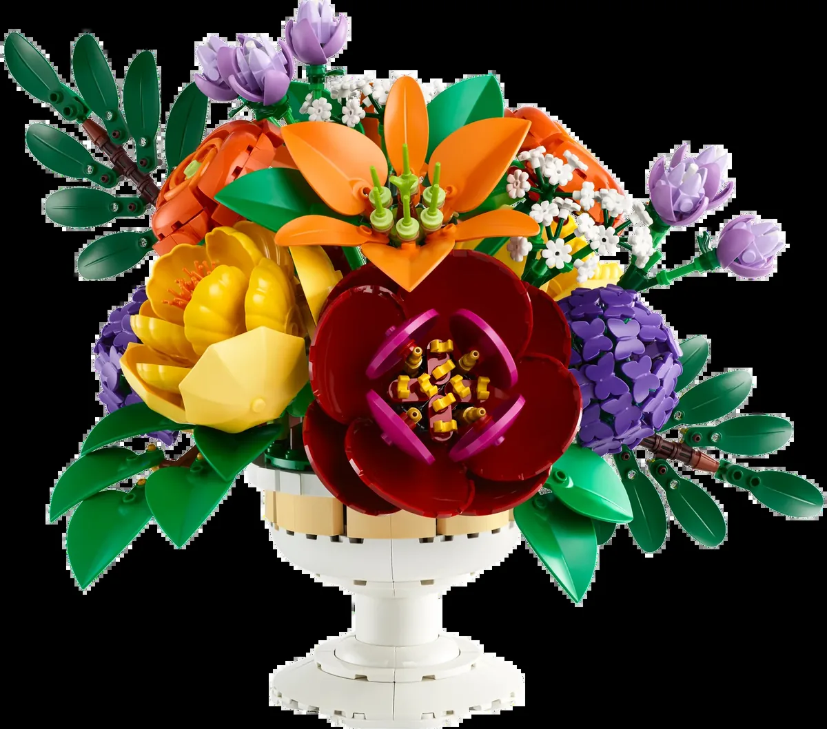 LEGO Flower Arrangement 10345, a bouquet of orange, yellow, red and purple flowers in a white footed vase