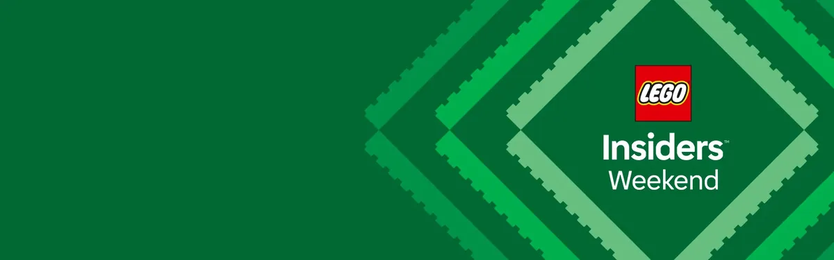 Green LEGO Insiders Weekend banner with a red LEGO logo above the words Insiders Weekend on a white diamond