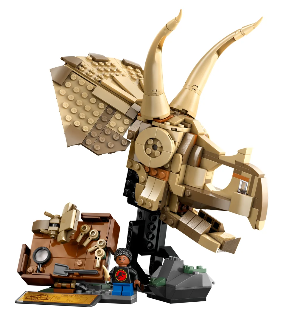 LEGO Jurassic World Dinosaur Fossils: Triceratops Skull 76969, a tan brick-built Triceratops skull with horns and frill on a dark stand, beside a small dig site with tools