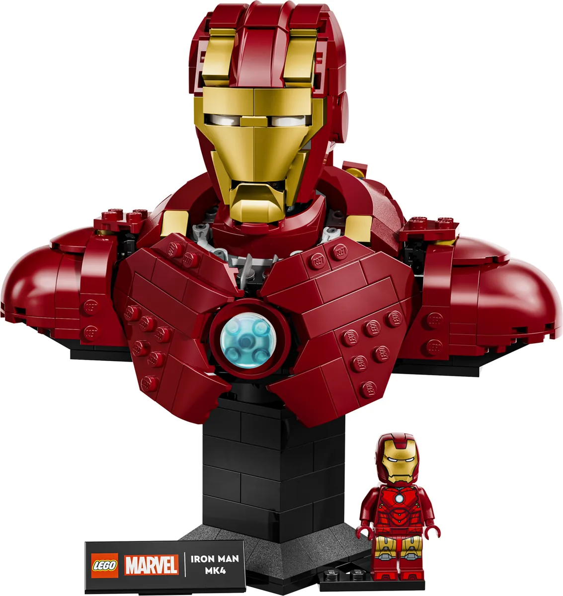 LEGO Marvel Iron Man MK4 Bust 76327, a red and gold Iron Man helmet and chest on a black stand, with an Iron Man minifigure and name plate