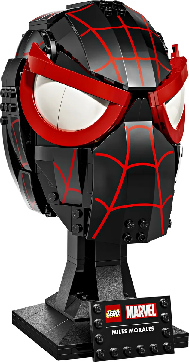 LEGO Marvel Miles Morales' Mask 76329, a black brick-built Spider-Man mask with red web lines and white eyes on a black display stand with a name plate