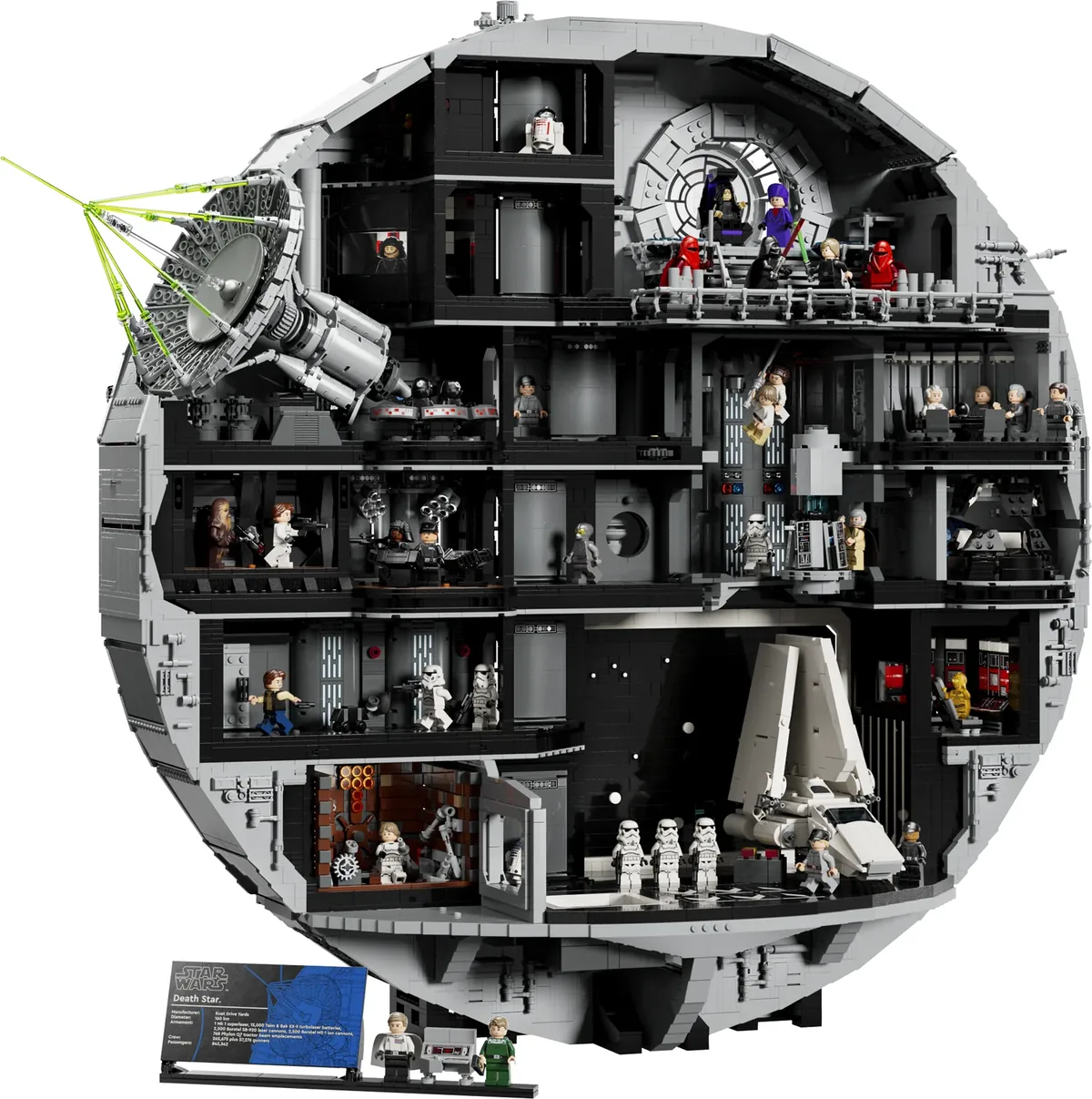 The LEGO Star Wars Death Star 75419 cutaway, with its superlaser dish, throne room, hangar with a shuttle and dozens of minifigures on several decks