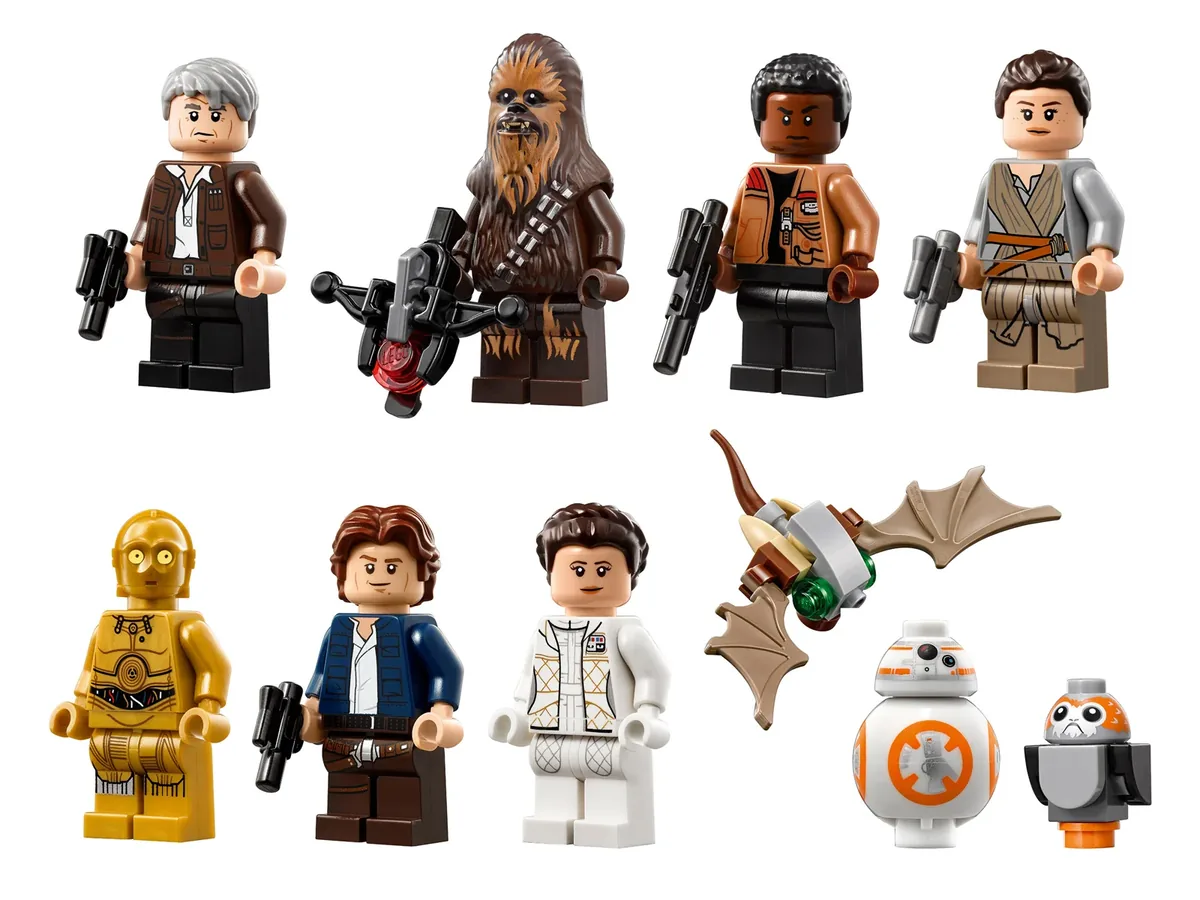 The minifigures included with LEGO 75192: older Han Solo, Chewbacca, Finn, Rey, C-3PO, young Han Solo, Princess Leia, a Mynock, BB-8 and a Porg