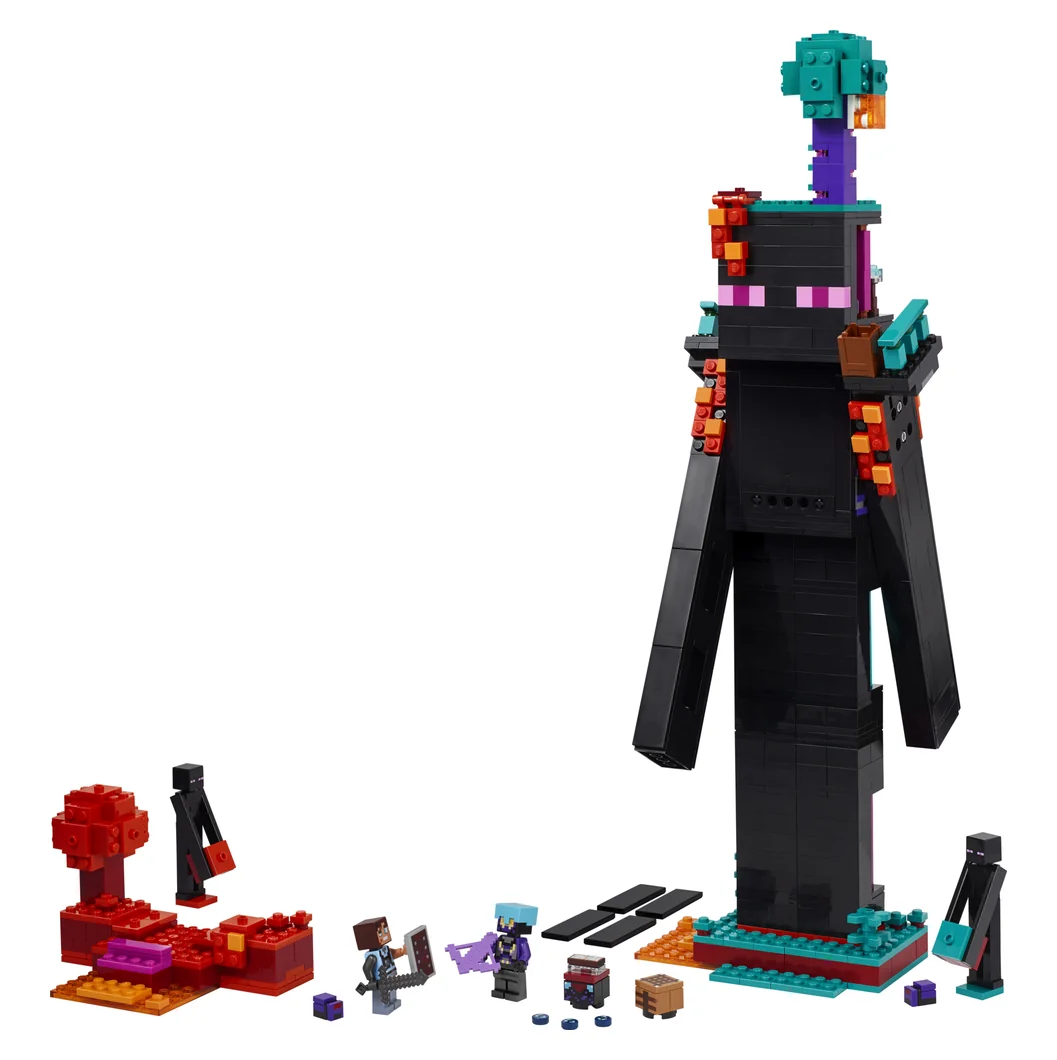 LEGO Minecraft The Enderman Tower 21279, a very tall black Enderman figure with a small red Nether scene and Minecraft figures at its base