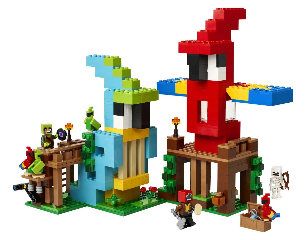 LEGO Minecraft The Parrot Houses 21282, two parrot-shaped houses in blue-green and red on a jungle base with Minecraft figures