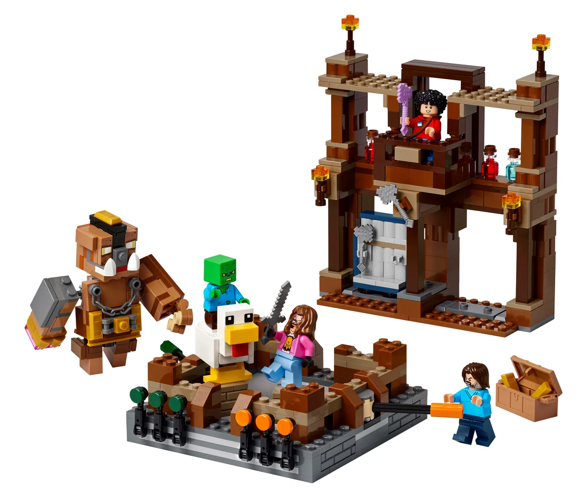 LEGO Minecraft Woodland Mansion Fighting Ring 21272, a brown two-level wooden ring with Minecraft figures and a treasure chest