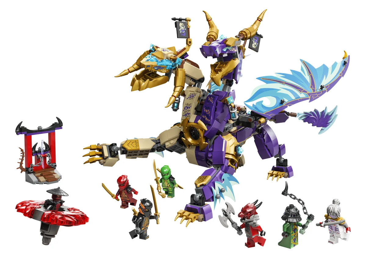 LEGO NINJAGO Arc Dragon of Focus 71836, a purple and gold two-headed dragon beside a small shrine and ninja minifigures