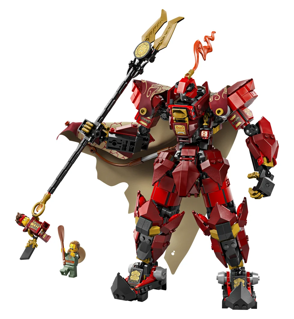 LEGO NINJAGO The Fire Knight Mech 71846, a red and gold armoured mech holding a long staff, with minifigures beside it