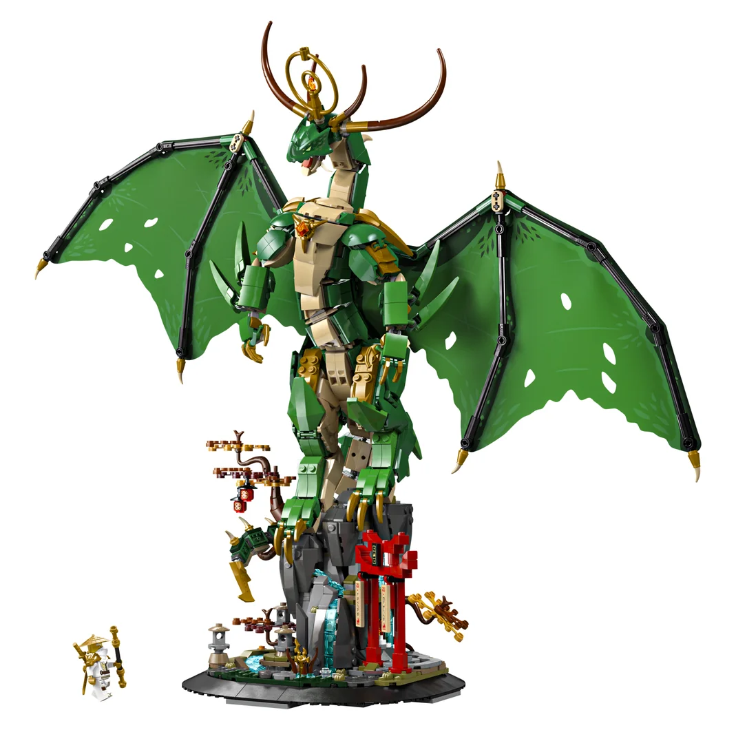 LEGO NINJAGO The Guardian Dragon 71847, a large green dragon with spread wings perched on a rocky base with water