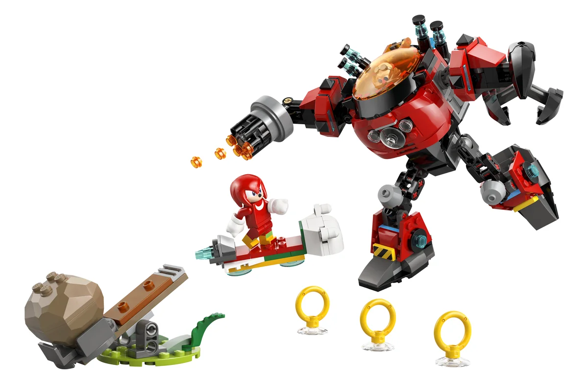 LEGO Sonic the Hedgehog Knuckles vs. Dr. Eggman Egg Crusher Mech 77005, a red mech with Dr. Eggman in the cockpit, Knuckles on a hoverboard, a catapult, boulders and gold rings