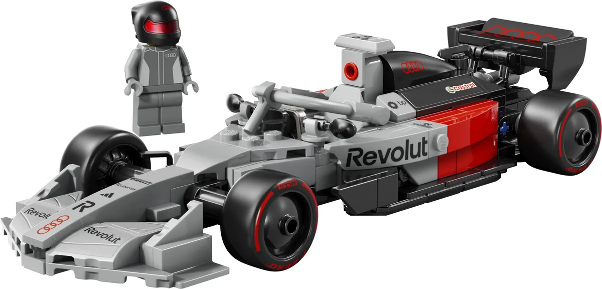 LEGO Speed Champions Audi Revolut F1 Team R26 77259, a grey, black and red F1 car with a grey-suited driver minifigure