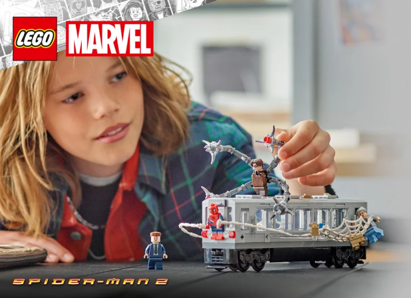 A child leaning on a table moves Doc Ock's arms over the built LEGO 76321 subway car, with a J. Jonah Jameson minifigure standing in front
