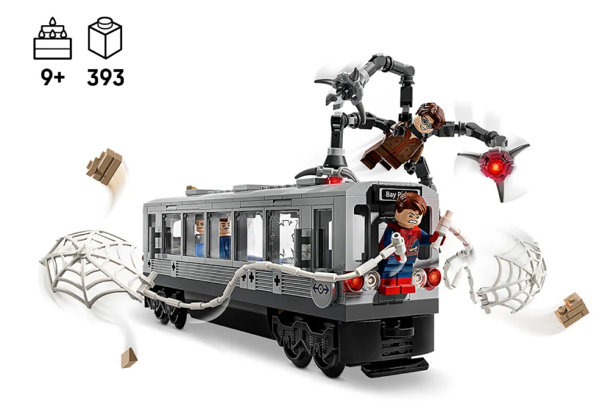 The LEGO 76321 subway car in grey with Doc Ock's four mechanical arms above it and Spider-Man holding web lines at the front, with the 9+ and 393 pieces icons
