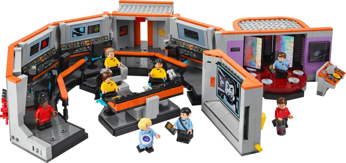 LEGO Star Trek Bridge 11385: orange-trimmed consoles with the crew, the purple-walled transporter room at right, Chapel and Spock in front
