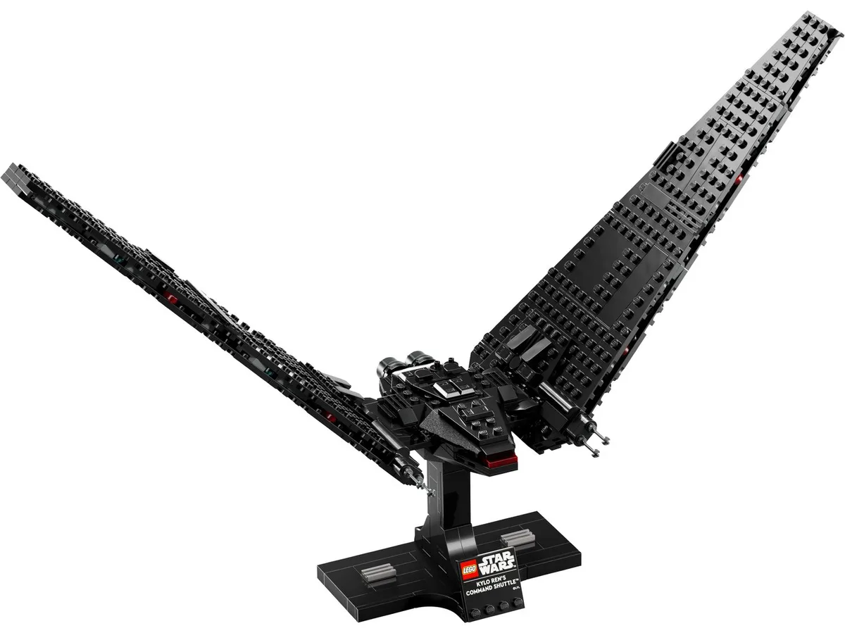 LEGO Star Wars Kylo Ren's Command Shuttle 75406 in black with tall raised wings on an angled display stand
