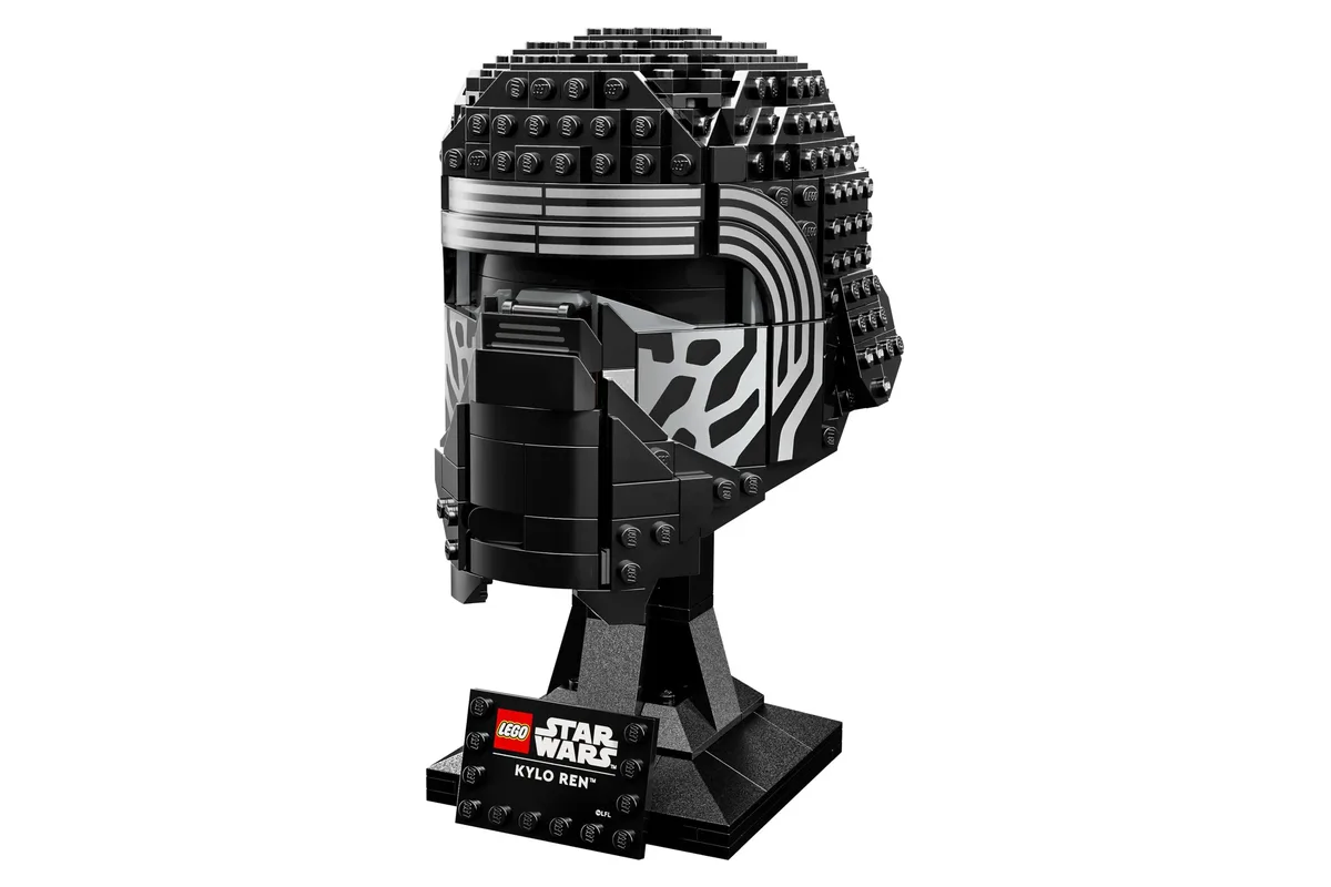 LEGO Star Wars Kylo Ren Helmet 75415, black with a silver cross-hatched faceplate, on a black display stand