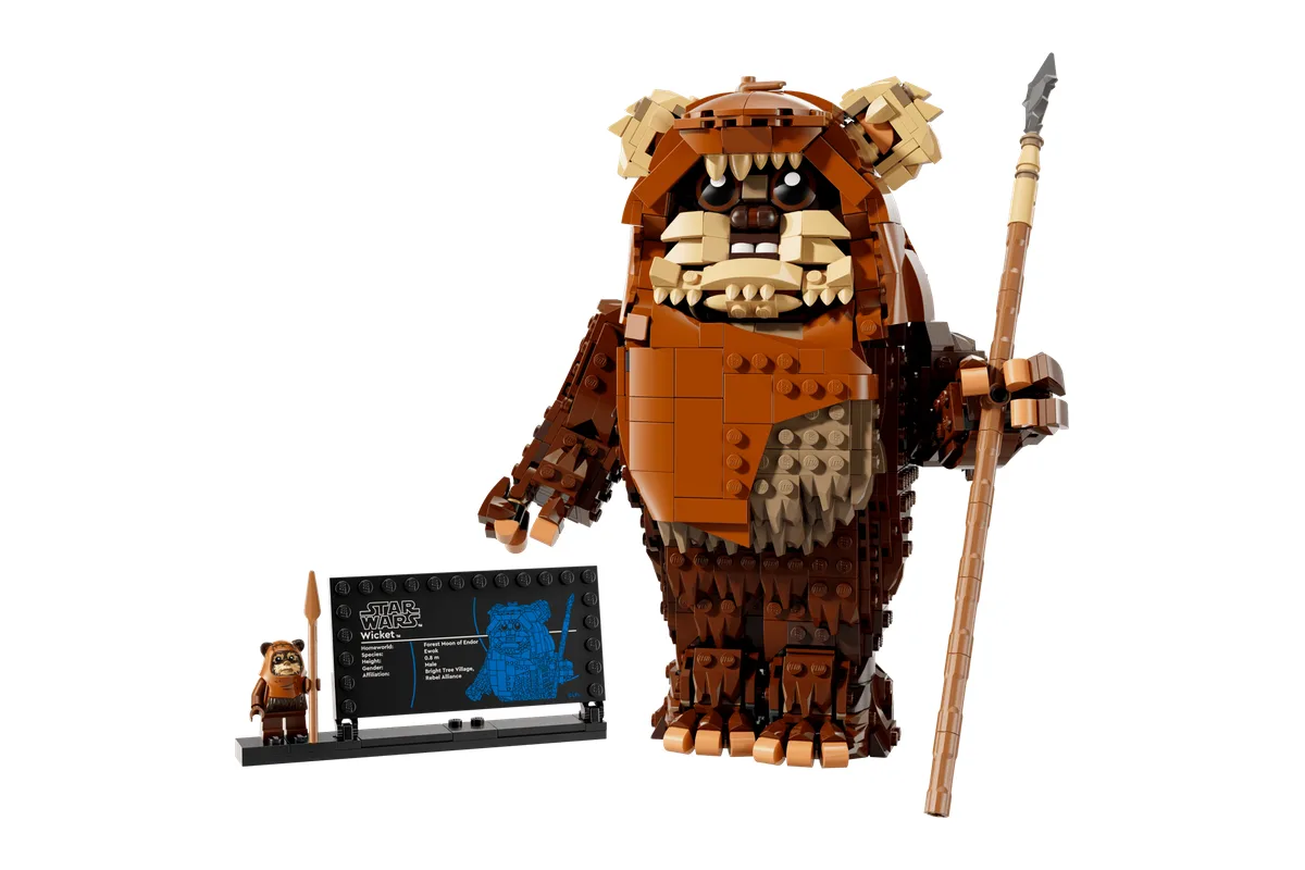 LEGO Star Wars Wicket the Ewok 75430 brick-built figure holding a spear, with its information plaque