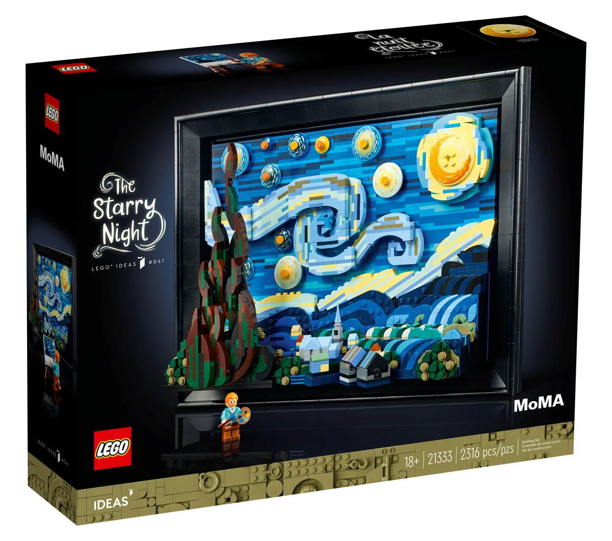 The box of LEGO Ideas Vincent van Gogh The Starry Night 21333, showing the framed picture with the MoMA and LEGO Ideas logos