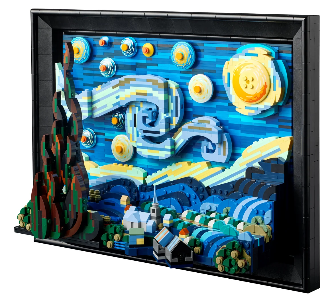 LEGO The Starry Night 21333 at an angle, showing the raised 3D swirls of the sky and the cypress tree standing out from the frame