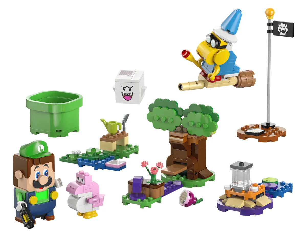 LEGO Super Mario Adventures with Interactive LEGO Luigi 71440, the Luigi figure with a green pipe, a tree, Kamek on a broomstick, a Boo and a goal pole
