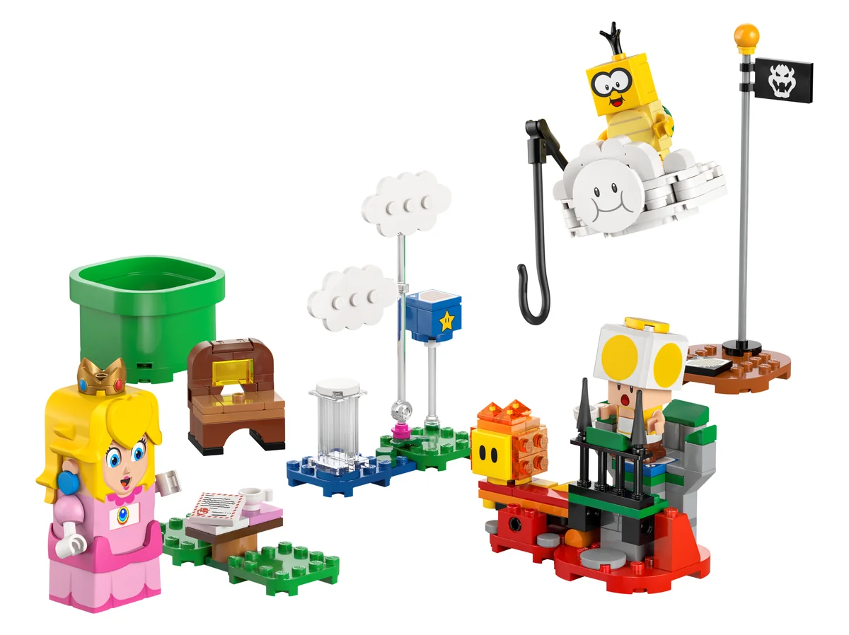 LEGO Super Mario Adventures with Interactive LEGO Peach 71441, the Peach figure with a green pipe, clouds, a yellow Toad and a goal pole