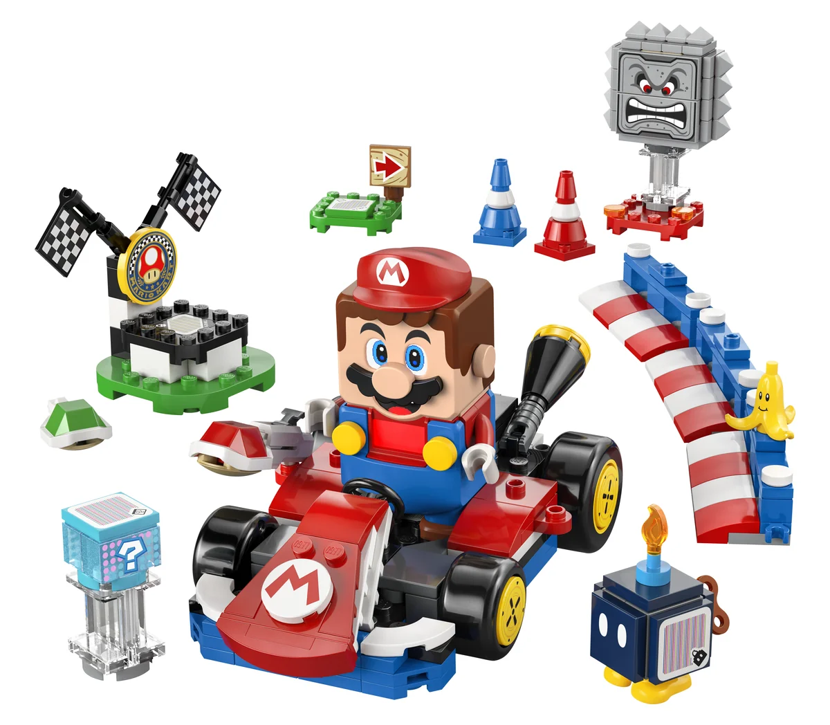 LEGO Super Mario Mario Kart Interactive LEGO Mario & Standard Kart 72043, the Mario figure in a red kart with a start gate, traffic cones, a Thwomp and track barriers