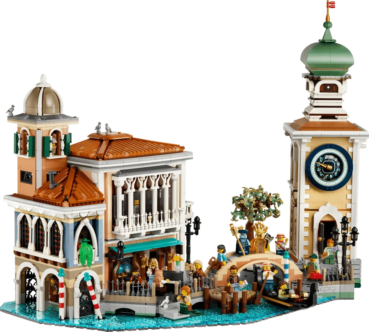 The full LEGO 11388 model: a villa with terracotta roofs and a domed bell tower on the left, a bridge with a gondola, and a clock tower with a green onion dome on the right