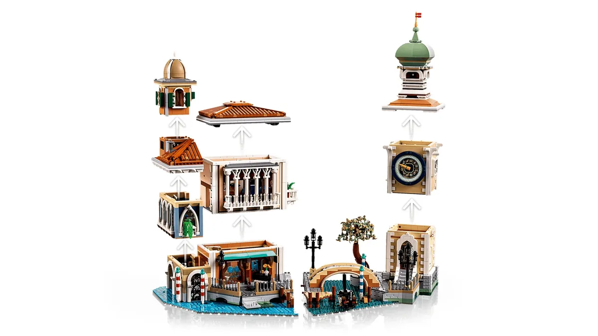 LEGO 11388 split into its two halves, with roofs, floors and the clock tower top lifted off above their bases