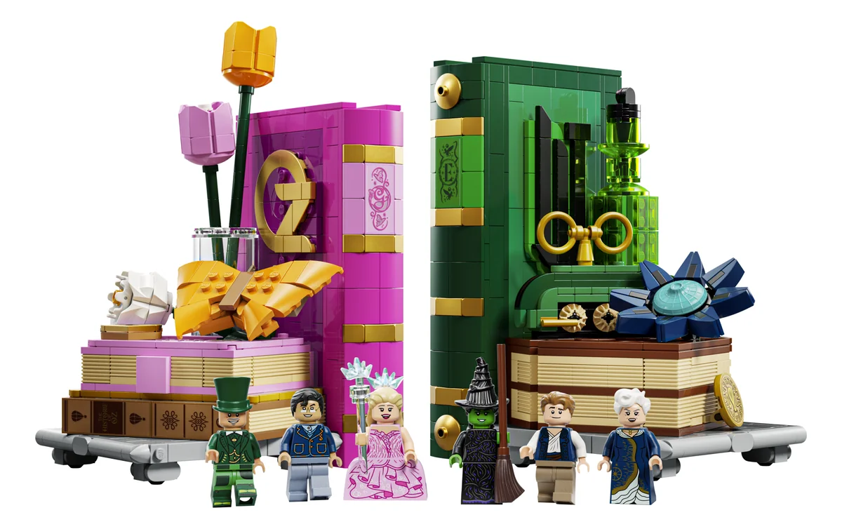 LEGO Wicked Glinda & Elphaba Bookends 75691, two brick-built book halves, one pink and one green, with Wicked minifigures and scenery between them