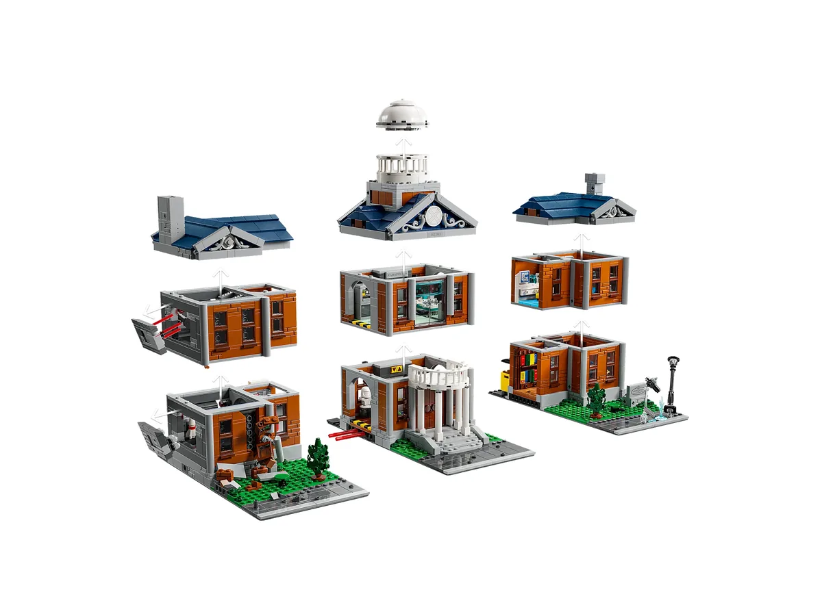 The LEGO X-Mansion 76294 split into its separate building sections, with the domed tower on top