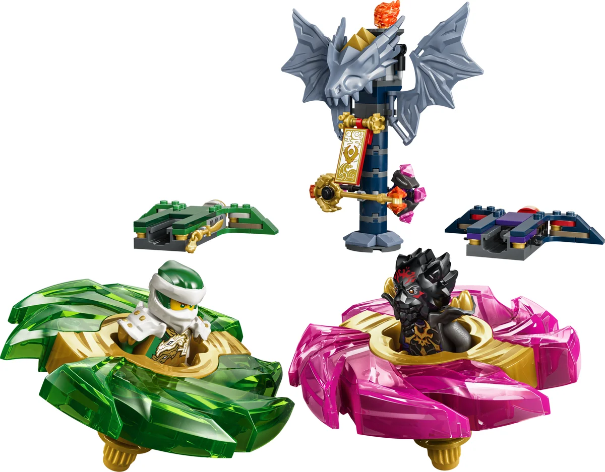 LEGO NINJAGO Lloyd vs. Ras Spinner Battle 71875 with a green and a pink spinner, Lloyd and Ras minifigures and a pillar topped by a silver dragon head