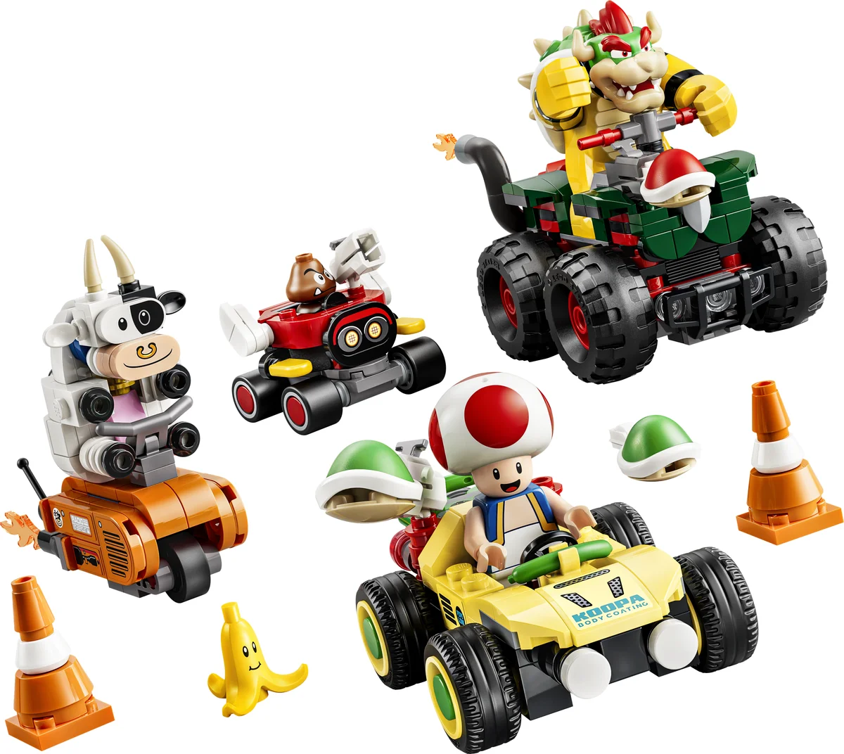 LEGO Super Mario Bowser's Rumbling Race 72058 with Bowser in a big-wheeled kart, Toad in a yellow buggy, a Goomba kart and a brick-built cow
