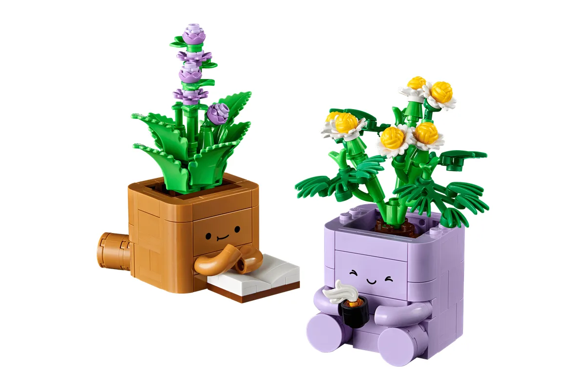 LEGO Botanicals Cozy Plants 10371: a purple-flowered plant in a brown pot reading a book and a yellow-flowered plant in a lilac pot holding a teacup