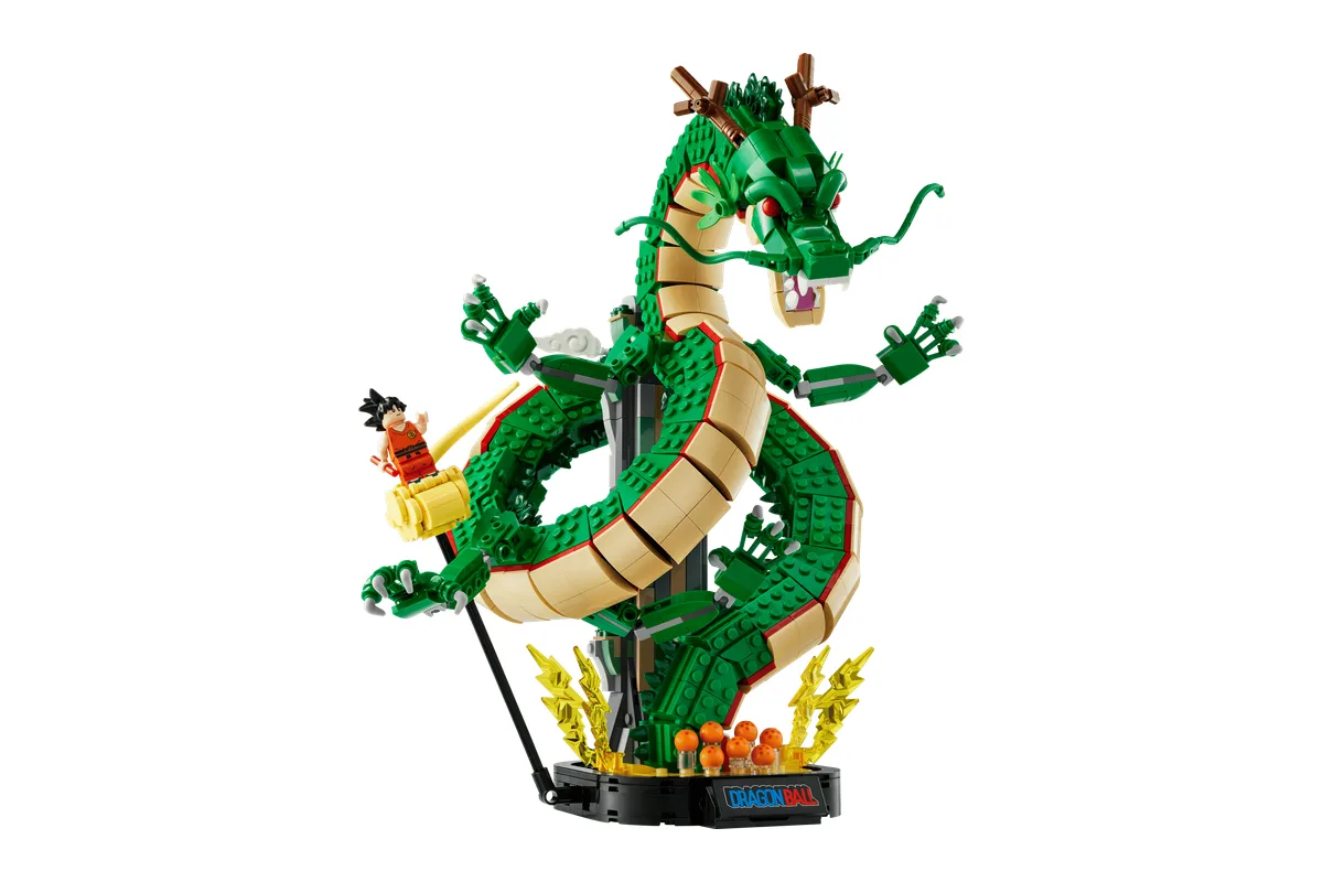 LEGO Icons Dragon Ball Shenron and Goku 11390, a green coiled dragon on a black stand with Kid Goku on a yellow cloud