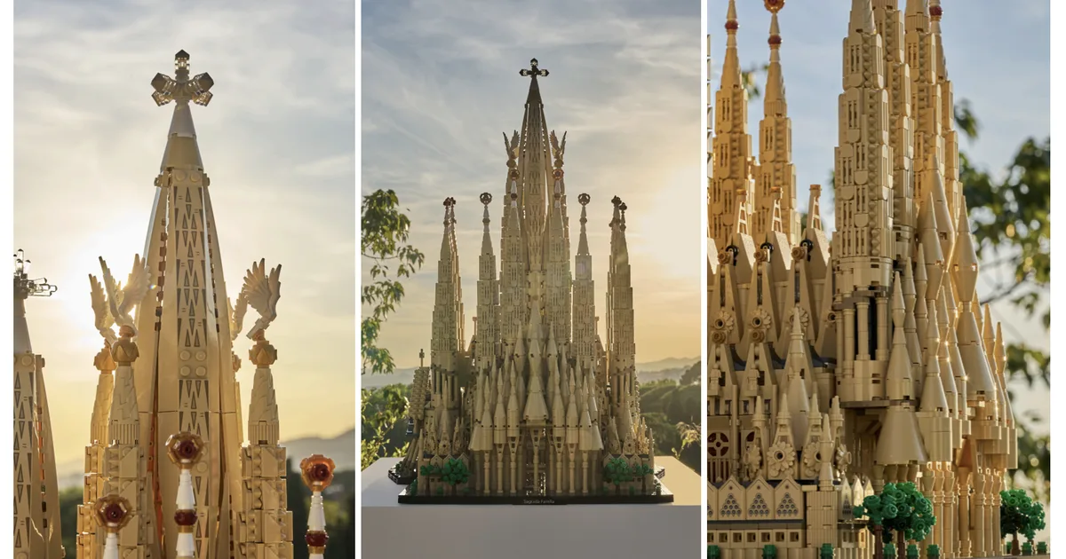 Three views of the LEGO Sagrada Família 21065 model showing its tall tan spires against an evening sky