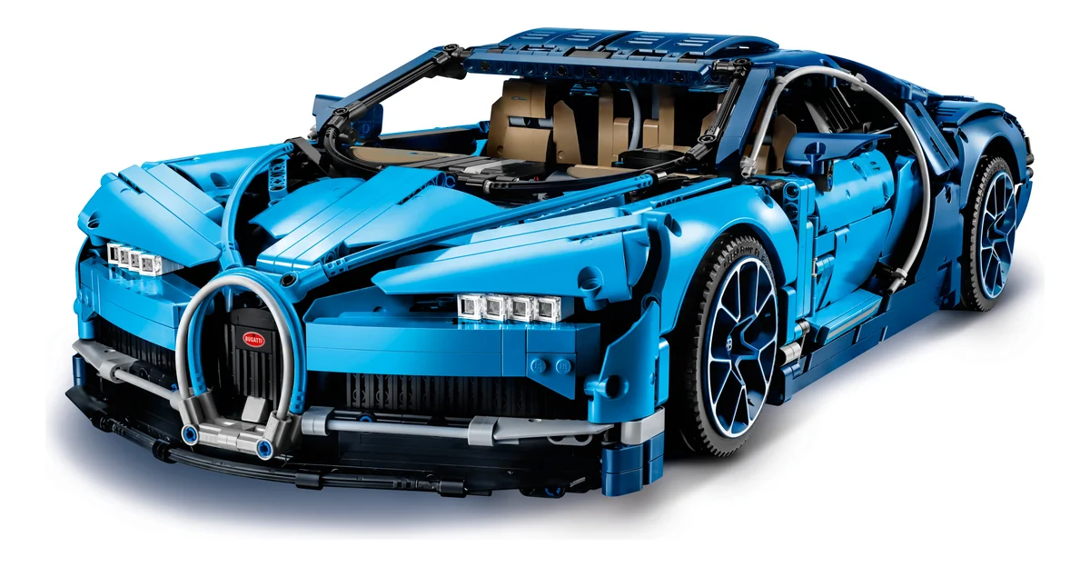 LEGO Technic Bugatti Chiron 42083, a blue and black 1:8 scale supercar model with its distinctive curved side line and silver wheels