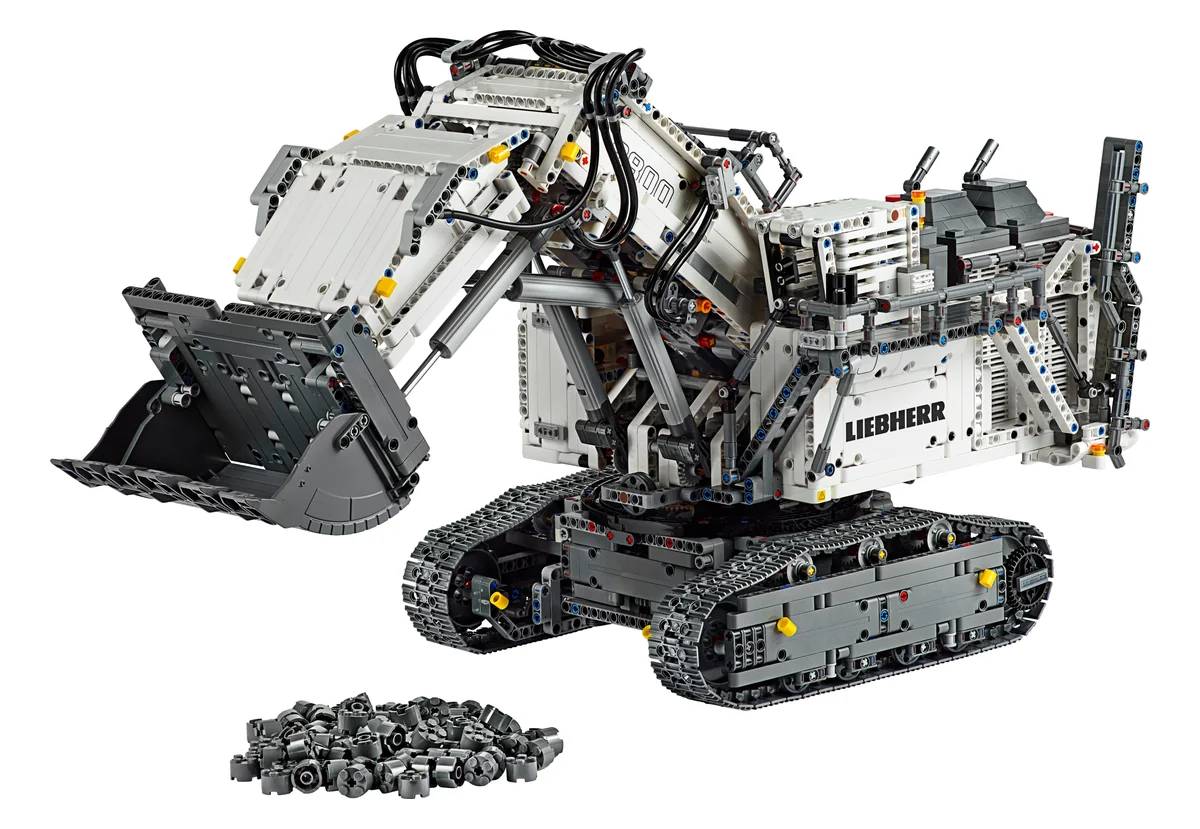 LEGO Technic Liebherr R 9800 Excavator 42100, a large white and grey tracked mining excavator with a black bucket and the Liebherr name on its side